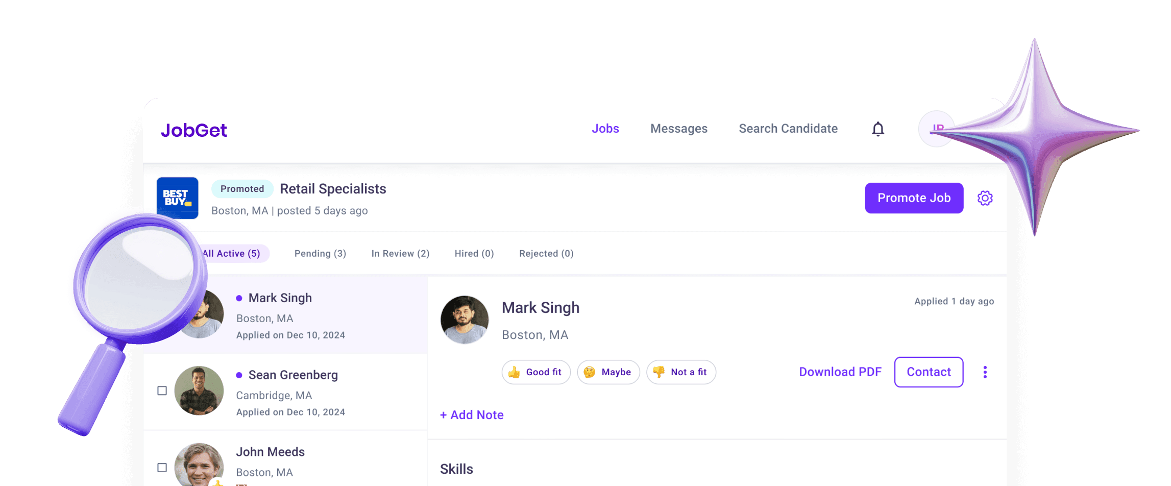 JobGet recruitment dashboard interface